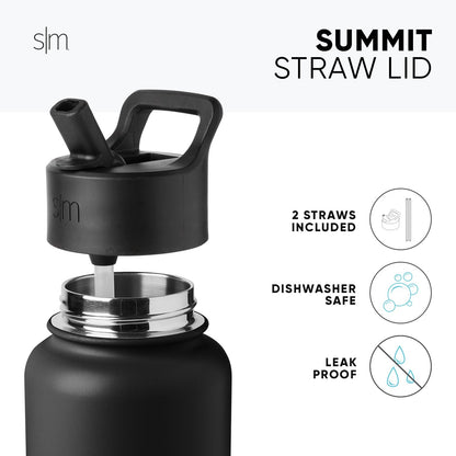 Matte black Summit Straw Lid and drinkware with metallic silver accents on the lid base ring and interior, shown against a grayscale background.