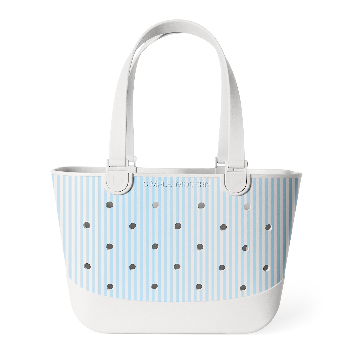 Light blue and white striped tote bag with white handles, metal grommets across the front, and "SIMPLE MODERN" branding, photographed against a white background.