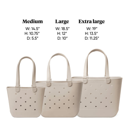 Three Simple Modern perforated tote bags in beige displayed by size: Medium (14.5"W x 10.75"H x 5.5"D), Large (18.5"W x 12"H x 10"D), and Extra Large (19"W x 13.5"H x 11.25"D) on white background.