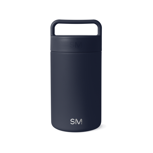 Deep navy blue jar with white SM logo branding and accents
