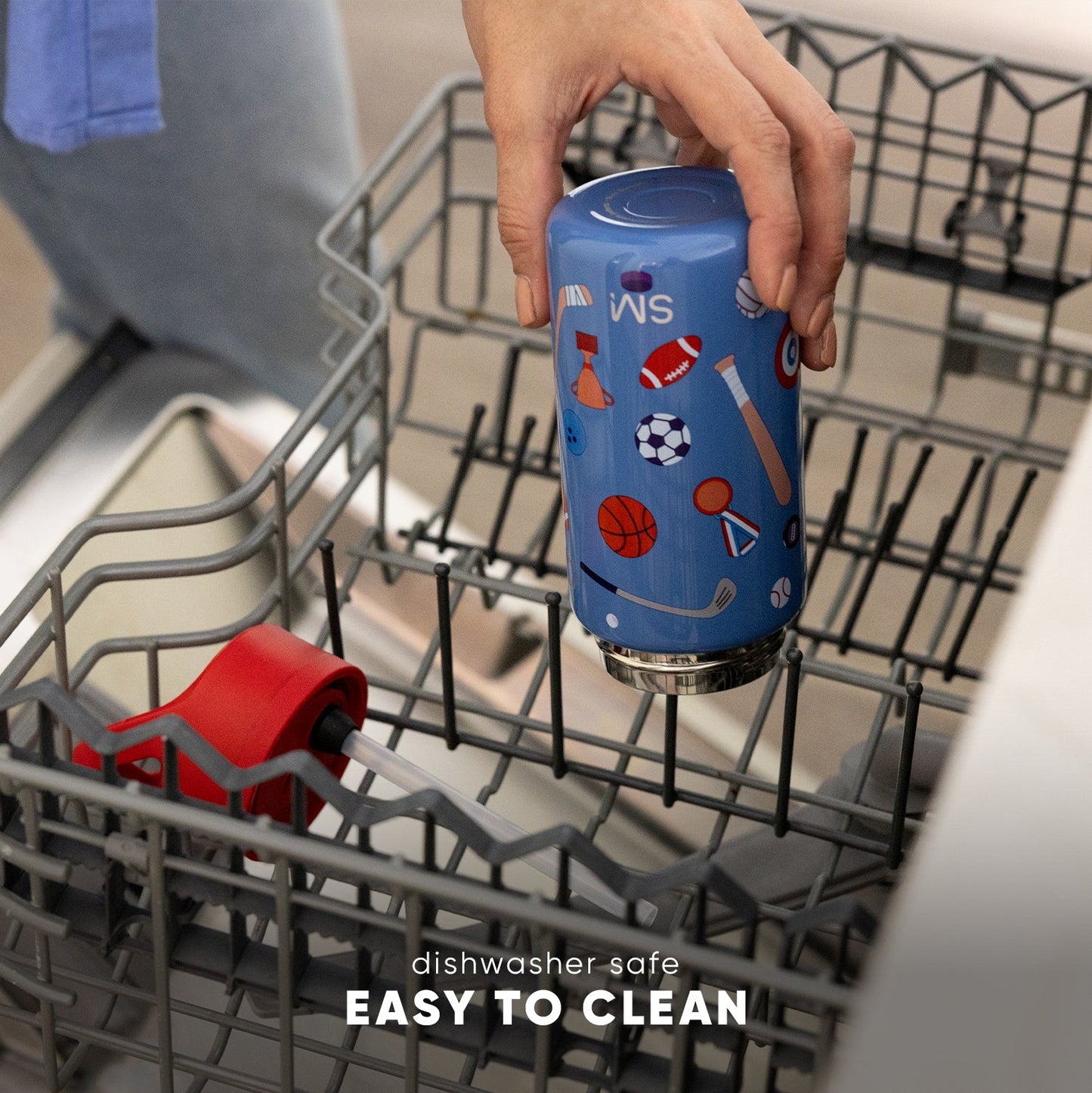 Bright blue Simple Modern water bottle with stainless steel silver accents, displayed on white background to highlight dishwasher-safe design feature.