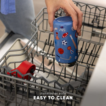 Hand placing periwinkle blue Simple Modern kids water bottle with sports graphics into open dishwasher rack. Text reads "dishwasher safe" and "EASY TO CLEAN."
