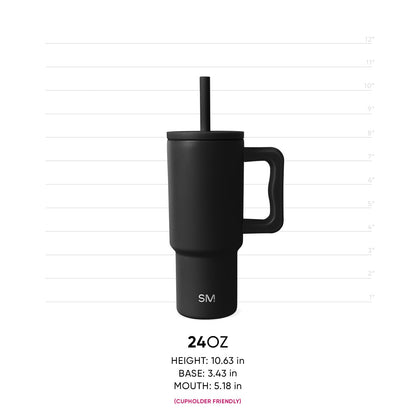 Black insulated tumbler with handle and straw shown with measurement scale. 24oz capacity: 10.63" height, 3.43" base, 5.18" mouth. Cup holder friendly. Simple Modern logo visible.