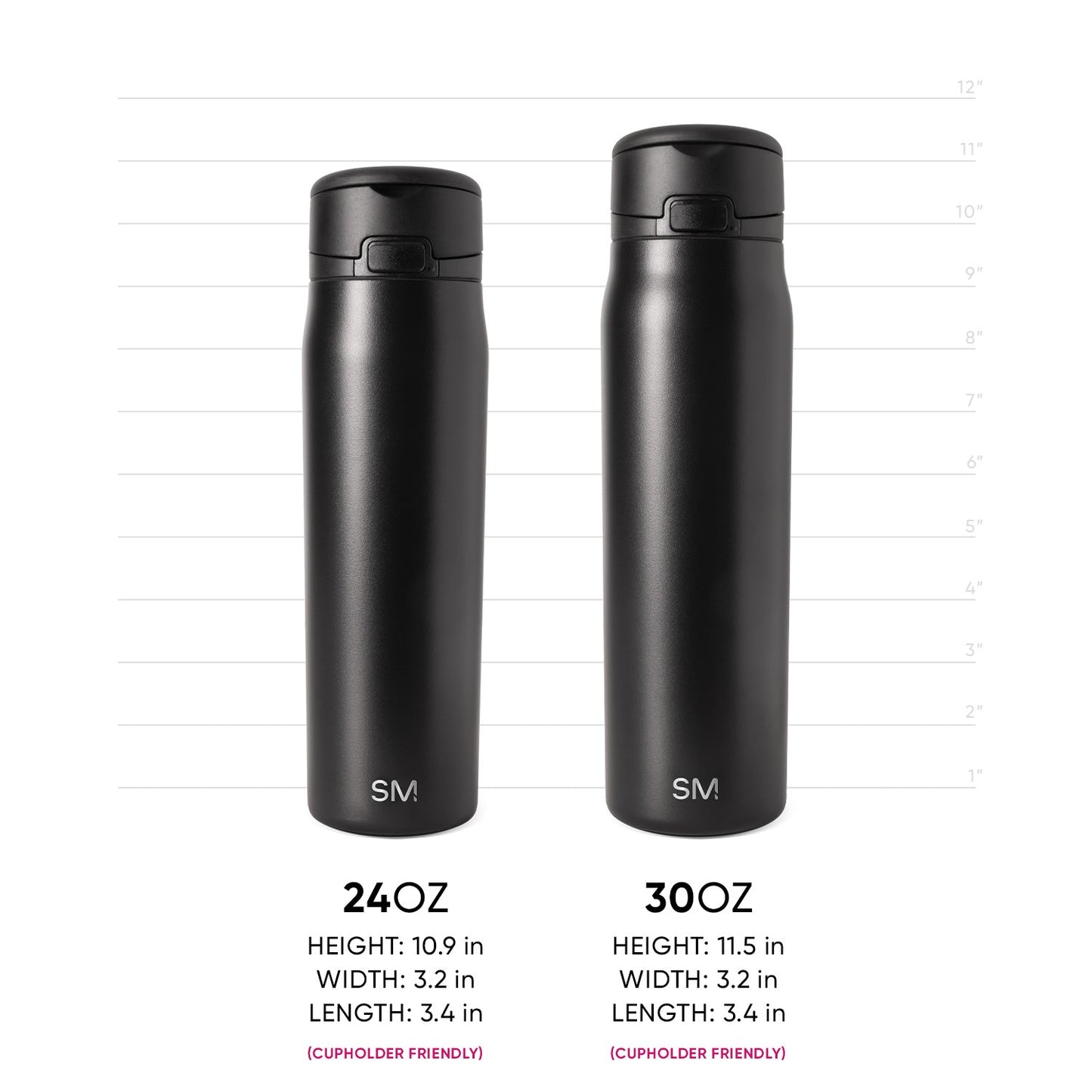 Two matte black stainless steel water bottles side by side with measurement scale. Left bottle is 24oz, right is 30oz. Both have SM logo and black caps. Includes height and width measurements. Cupholder friendly.