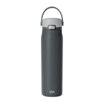 Charcoal gray modern water bottle with lighter gray lid and handle on neutral background