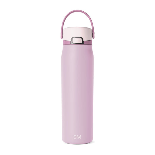 Tall insulated water bottle in soft mauve pink with cream-colored top and rounded cap, cylindrical body with flat bottom, displayed against white background
