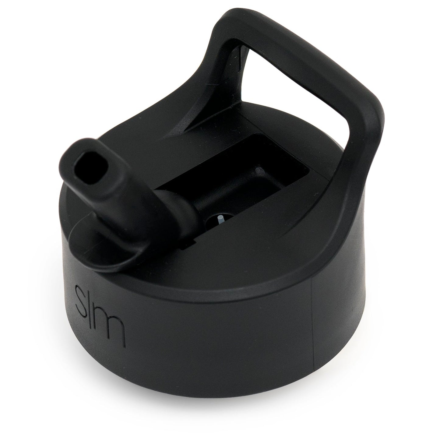 Black straw lid with matte finish, neutral white or light gray accents, deep charcoal base color, monochromatic design