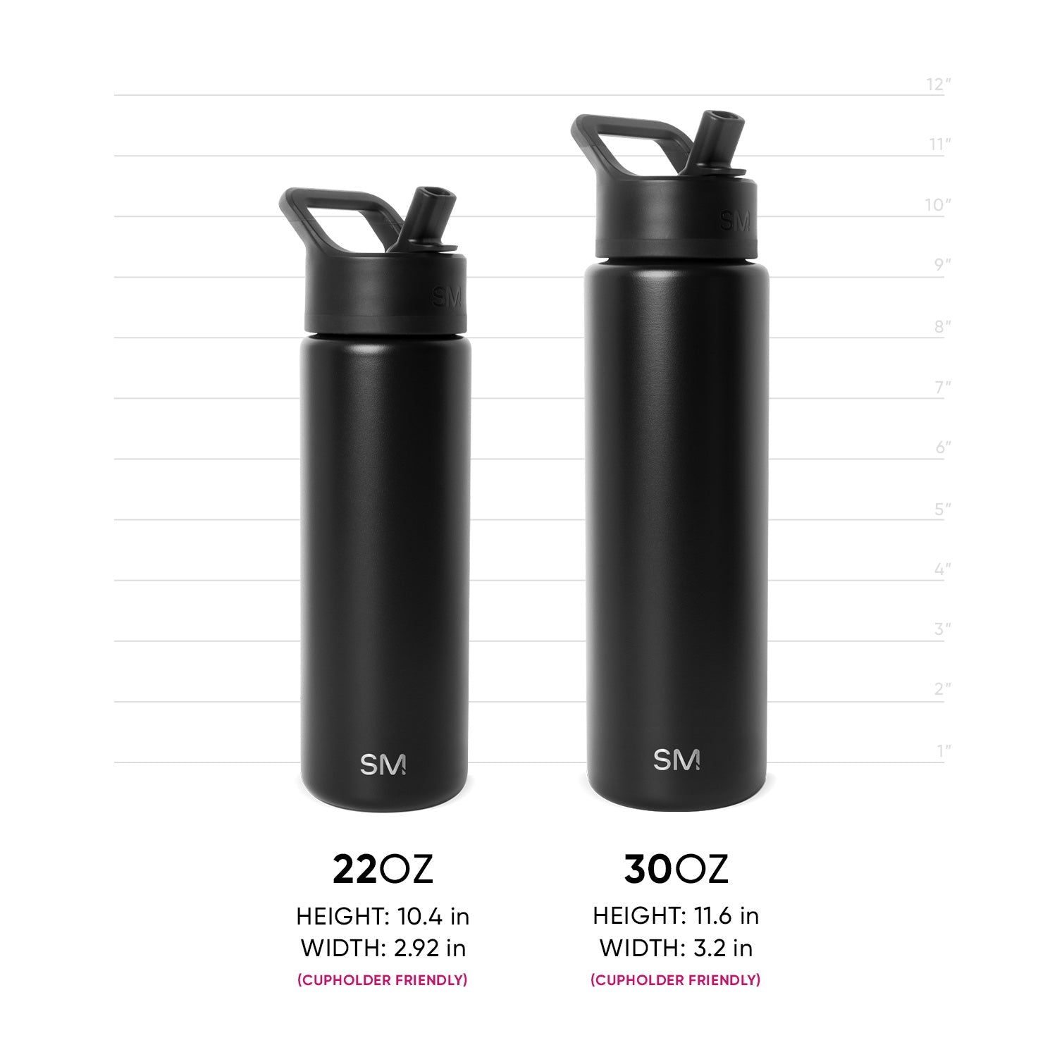 Two matte black insulated water bottles with measurement scale and dimensions marked in light gray lines and text on white background.