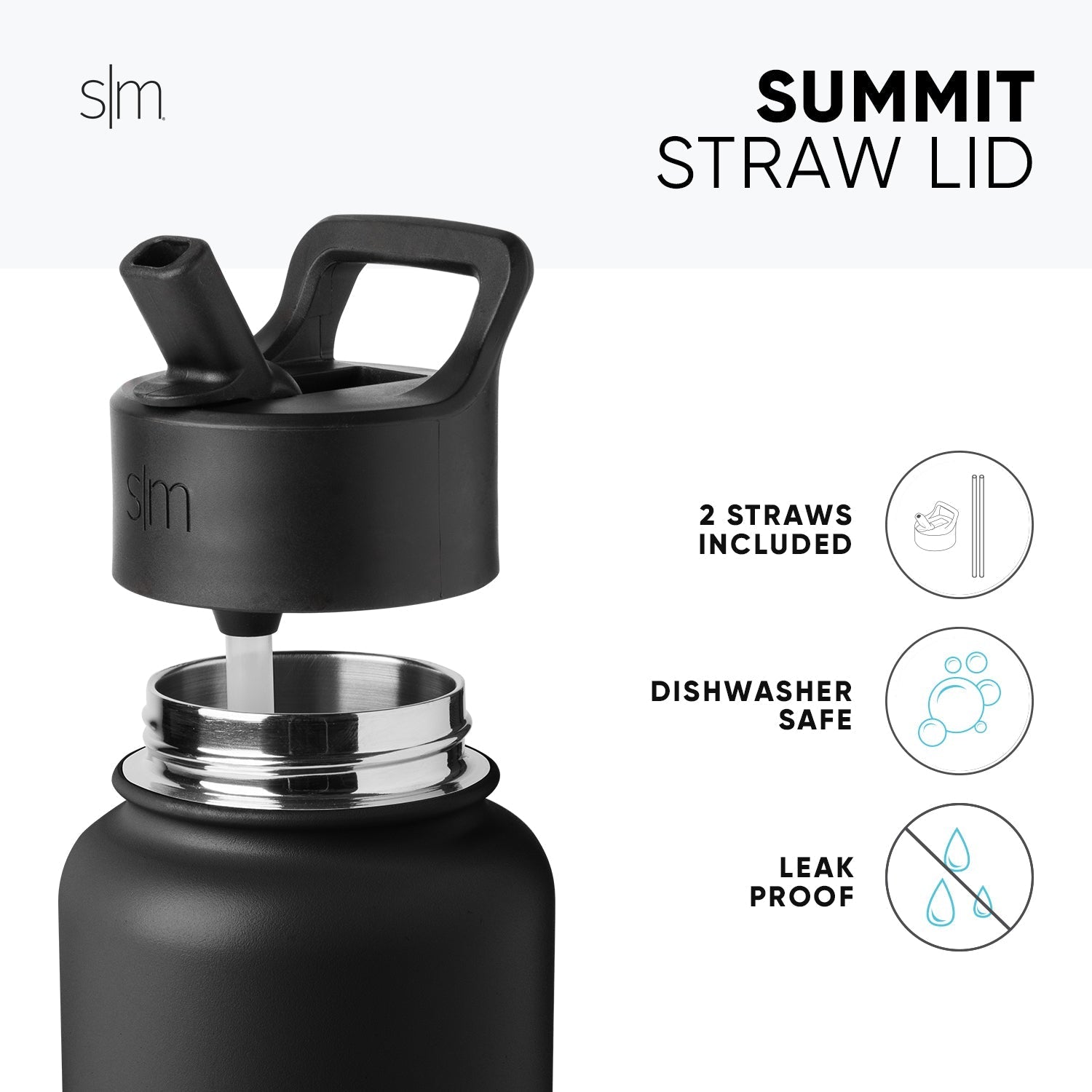 Black reusable straw lid with stainless steel silver accents on light gray background