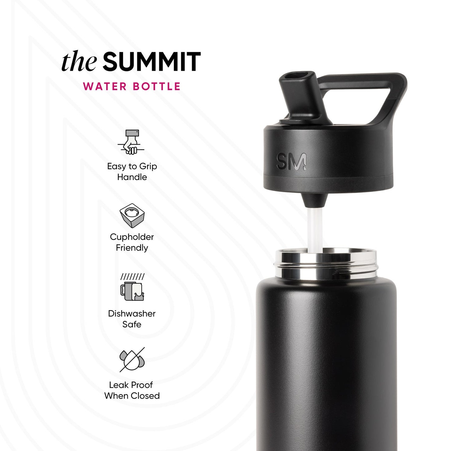 Black Summit water bottle with metallic silver accents, shown against light background with four feature icons listing easy-grip handle, cupholder friendly, dishwasher safe, and leak proof when closed.