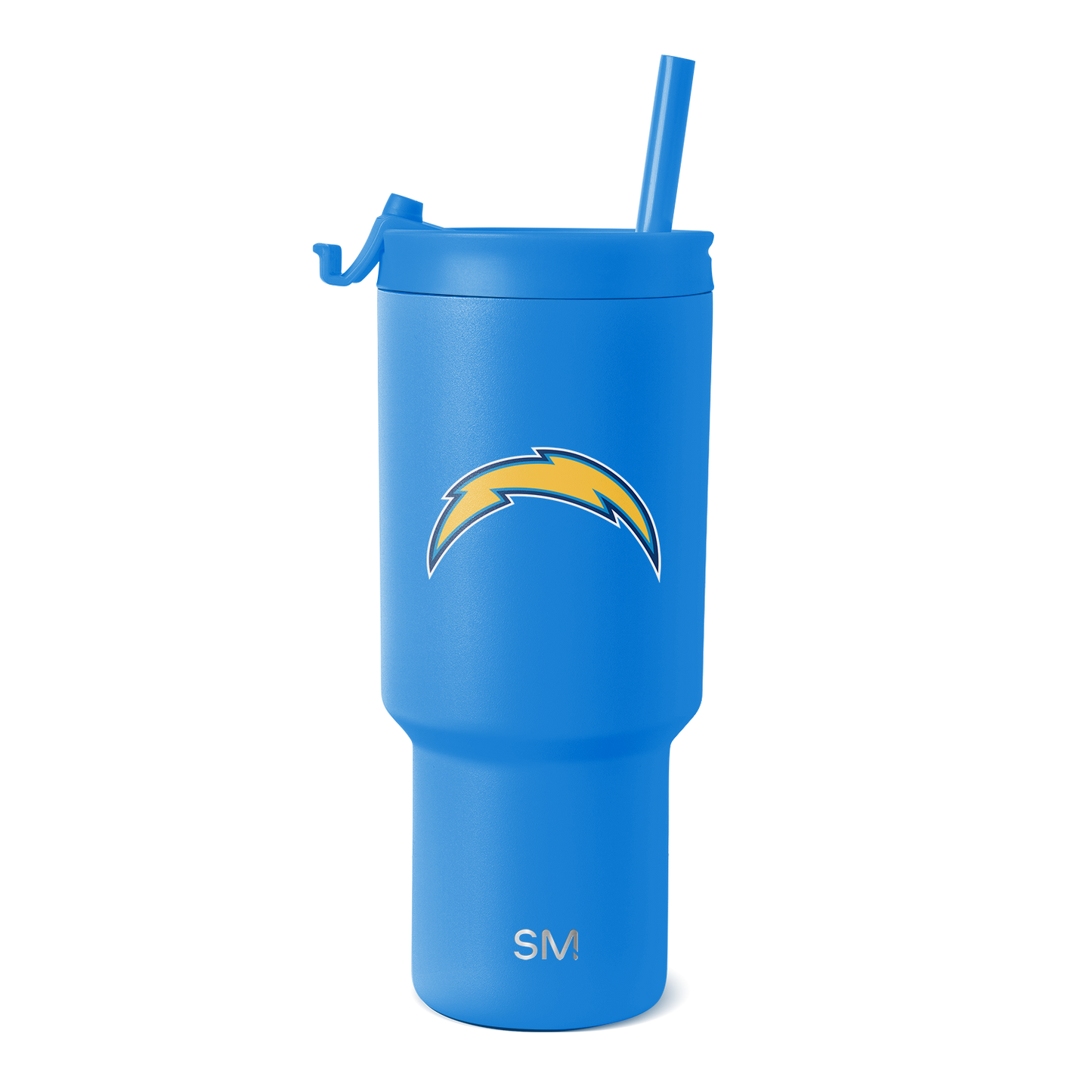 Bright blue tumbler with golden yellow accents