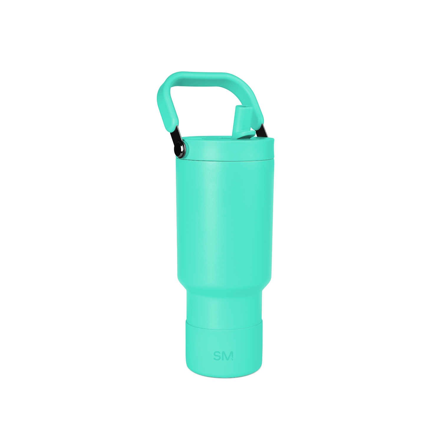 Vibrant turquoise product with black carabiner clips on handle attachment
