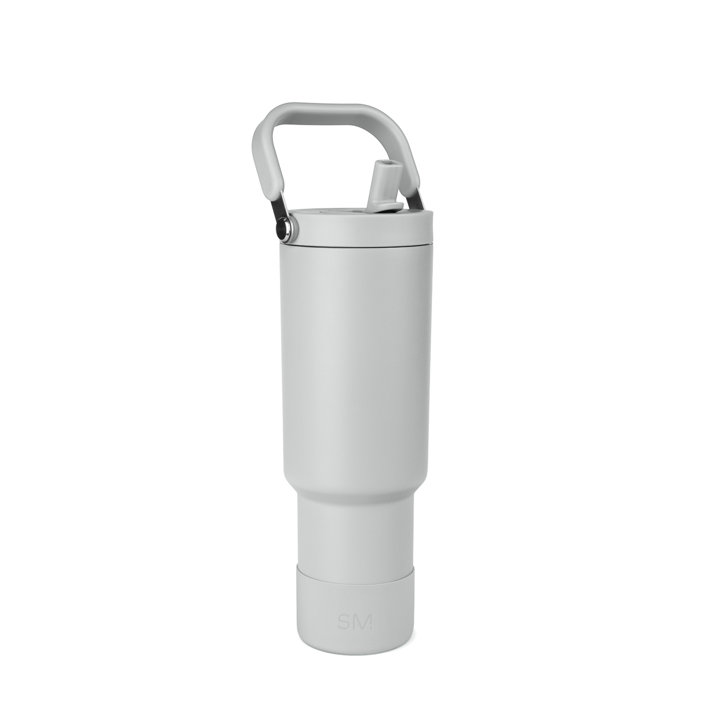 White thermal bottle with gray handle and black metallic hardware at top connection point