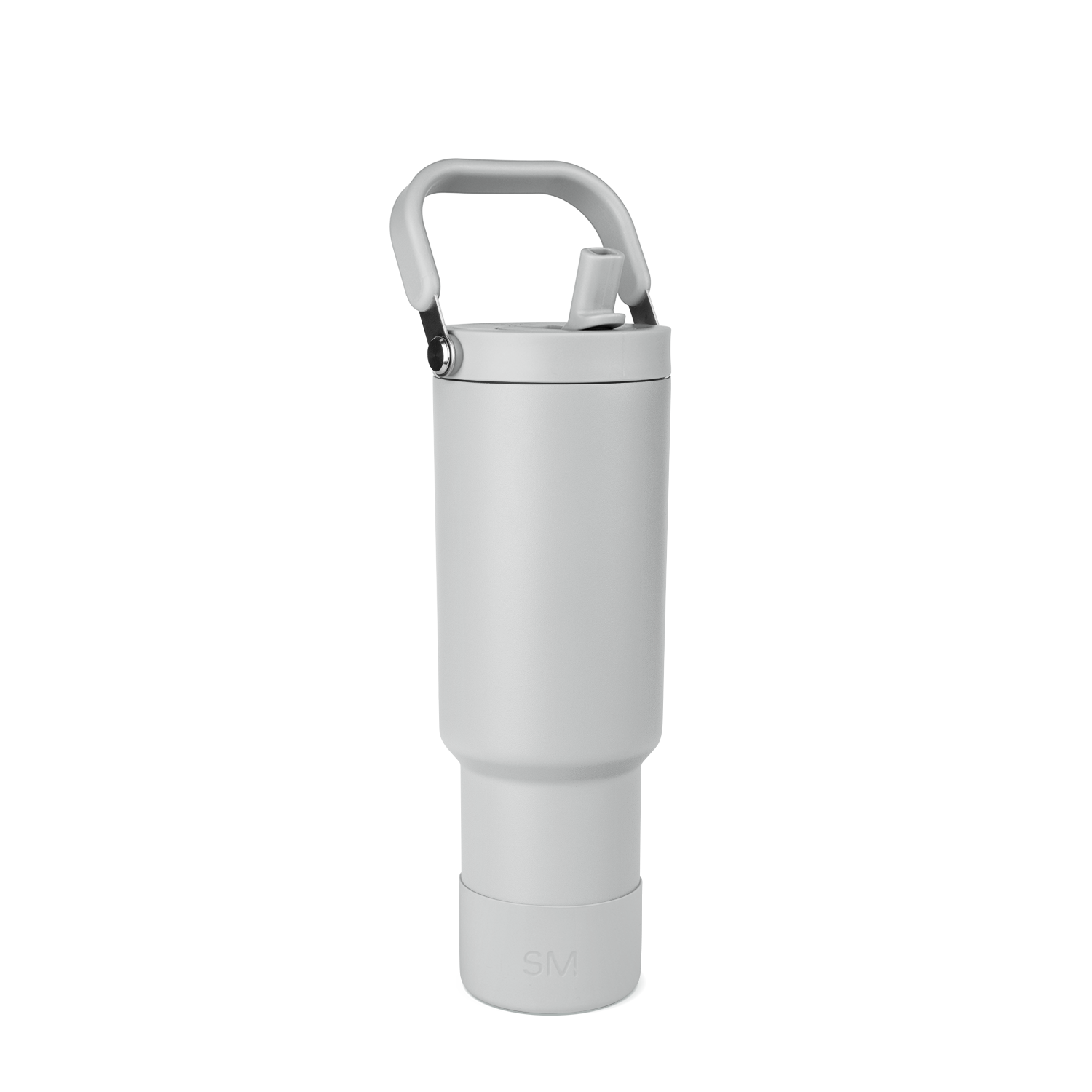 White thermal bottle with gray handle and black metallic hardware at top connection point