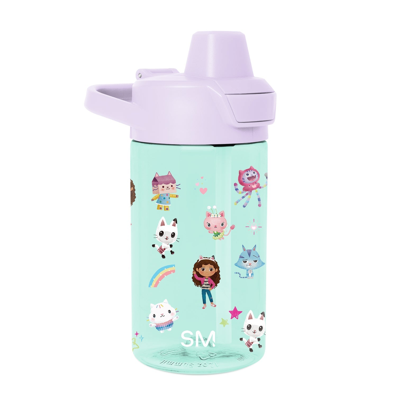 Mint green water bottle with lavender lid and spout, featuring white illustrated design accents